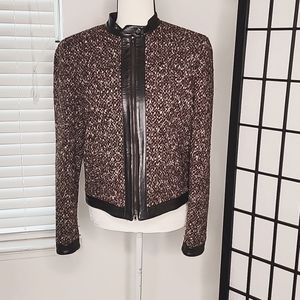 Jones New York Brown with Leather Trim Tweed Wool Blend Jacket 8